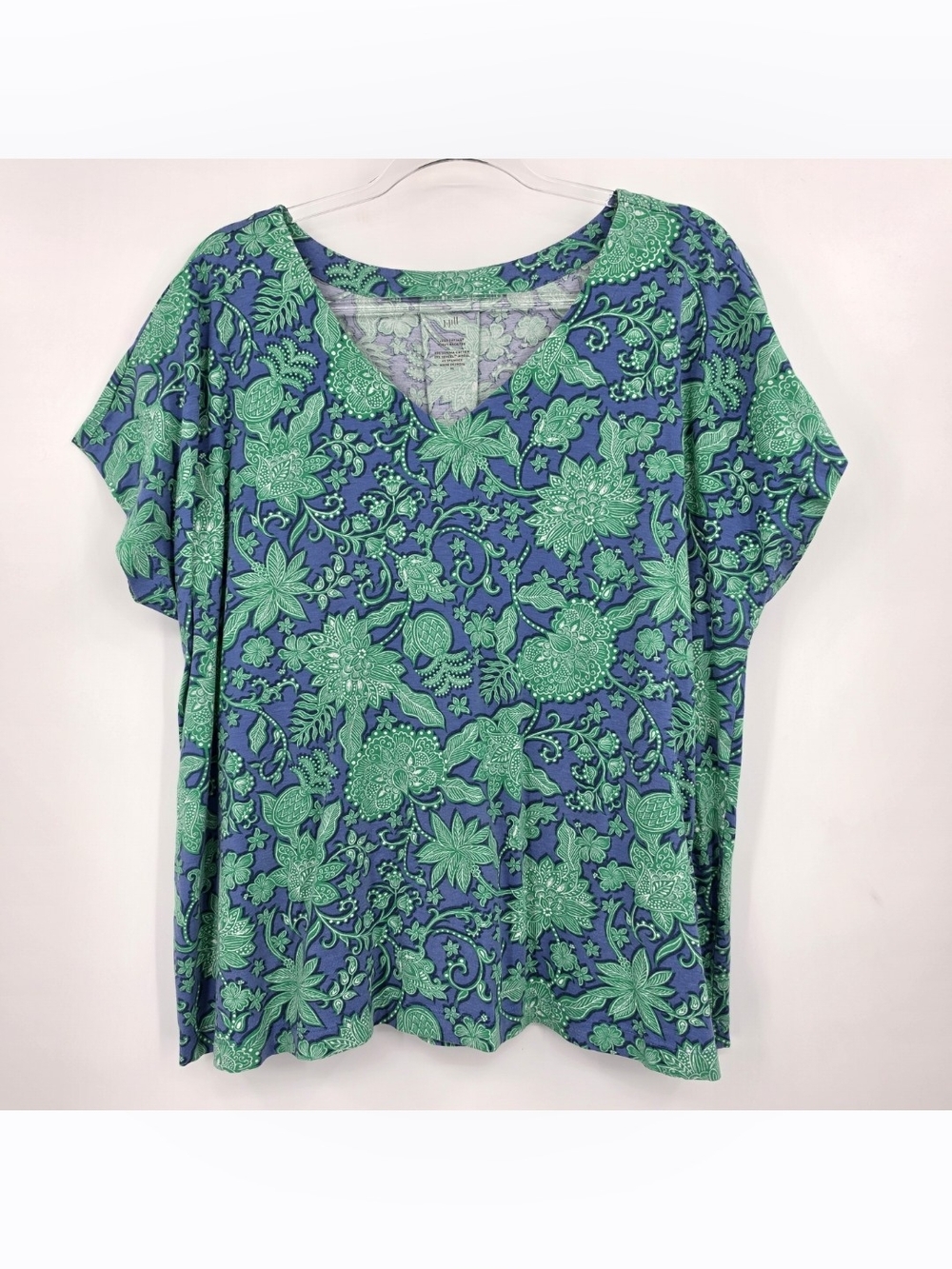J. Jill Luxe Supima Pleat-back Tee XL Blue Green Floral Short Sleeve V Neck